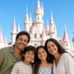 Familia feliz frente a un castillo de cuento en un parque temático de Orlando